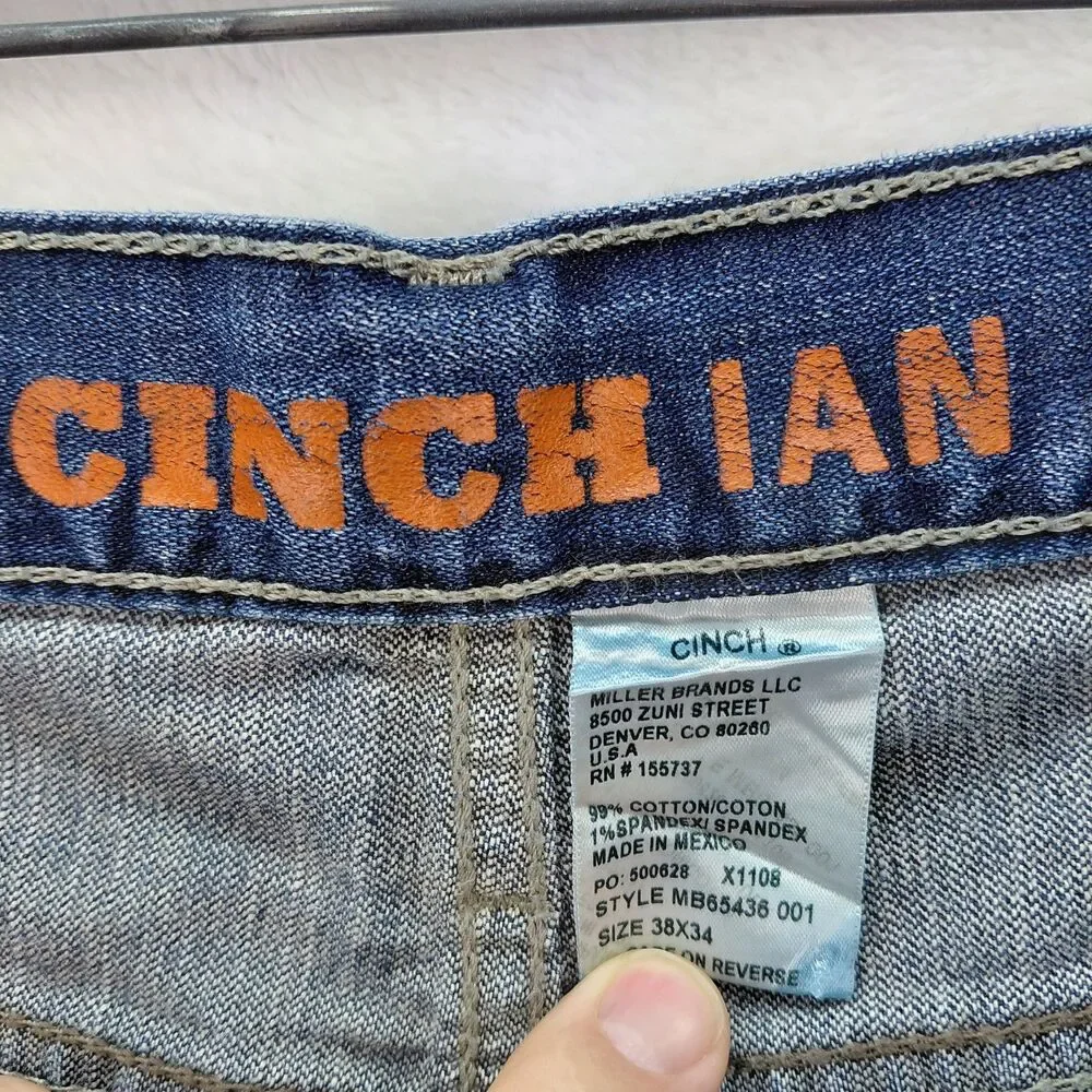 Cinch Ian Jeans Mens 38x34 White Label Blue Denim Straight Leg Distressed Grunge